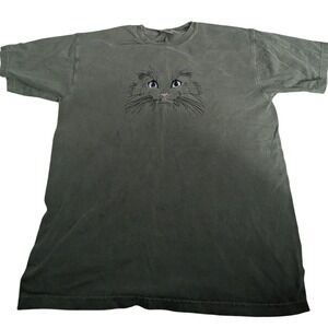 Comfort Colors Embroidered Cat Face T-Shirt Gray Green Cotton Tee Womens Medium
